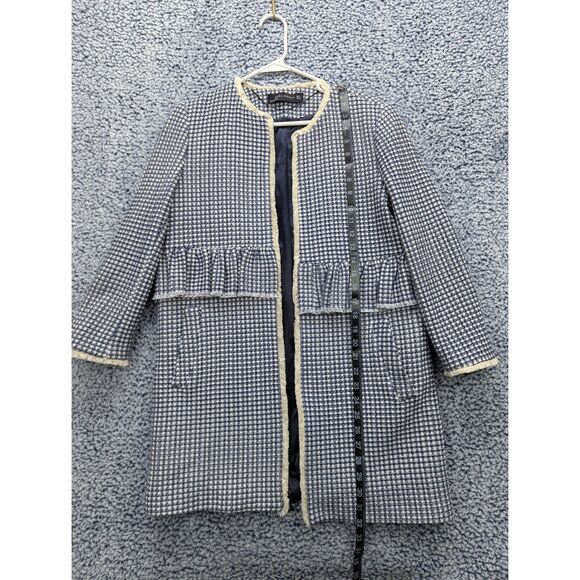 Zara Gingham Check Plaid Coat Size M Tweed Open Front Ruffle Boho Preppy Blue - Picture 9 of 12